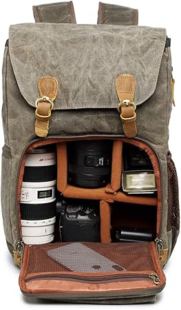 Amazon Yoyo 多機能カメラバッグ 大容量 防水キャンバス素材 一眼レフ レンズ一式をラクラク持ち運び 15インチノートpc収納スペース ベルクロ式可変間仕切り サイドメッシュポケット 三脚取付ベルト 耐久性に優れた帆布製 本革パーツ 撮影用かばん カメラリュック