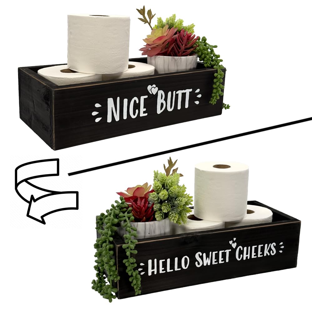 Photo 1 of Admired By Nature Hello Sweet Cheeks Solid Wood Toilet Paper Holder, Farmhouse Décor, Toilet Paper Storage, Bathroom Accessories, Bathroom Décor, for Home Décor Bathroom Organizer (Black)