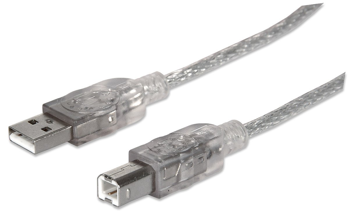 Manhattan USB-A to USB-B Cable, 1.8m, Male to Male, Translucent Silver, 480 Mbps (USB 2.0), Hi-Speed USB, Lifetime Warranty, Polybag — image 1