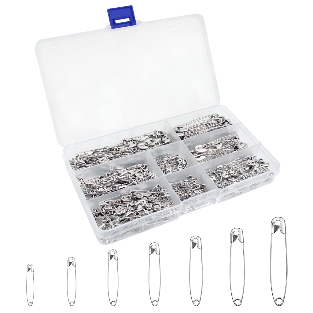 YOYUSH 460 Pcs 7 Sizes Safety Pins, Rust Resistant Small Medium Large Safety Pins for Clothes, Assorted Nickel Plated Steel Sewing Pins for Crafts Arts Quilting Pinning (Silver)