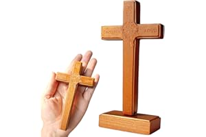 PHYUKEY Wooden Wall Cross with Jesus Christ, Small Cross Standing Crucifix with Detachable Stand for Wall Hanging or Tabletop