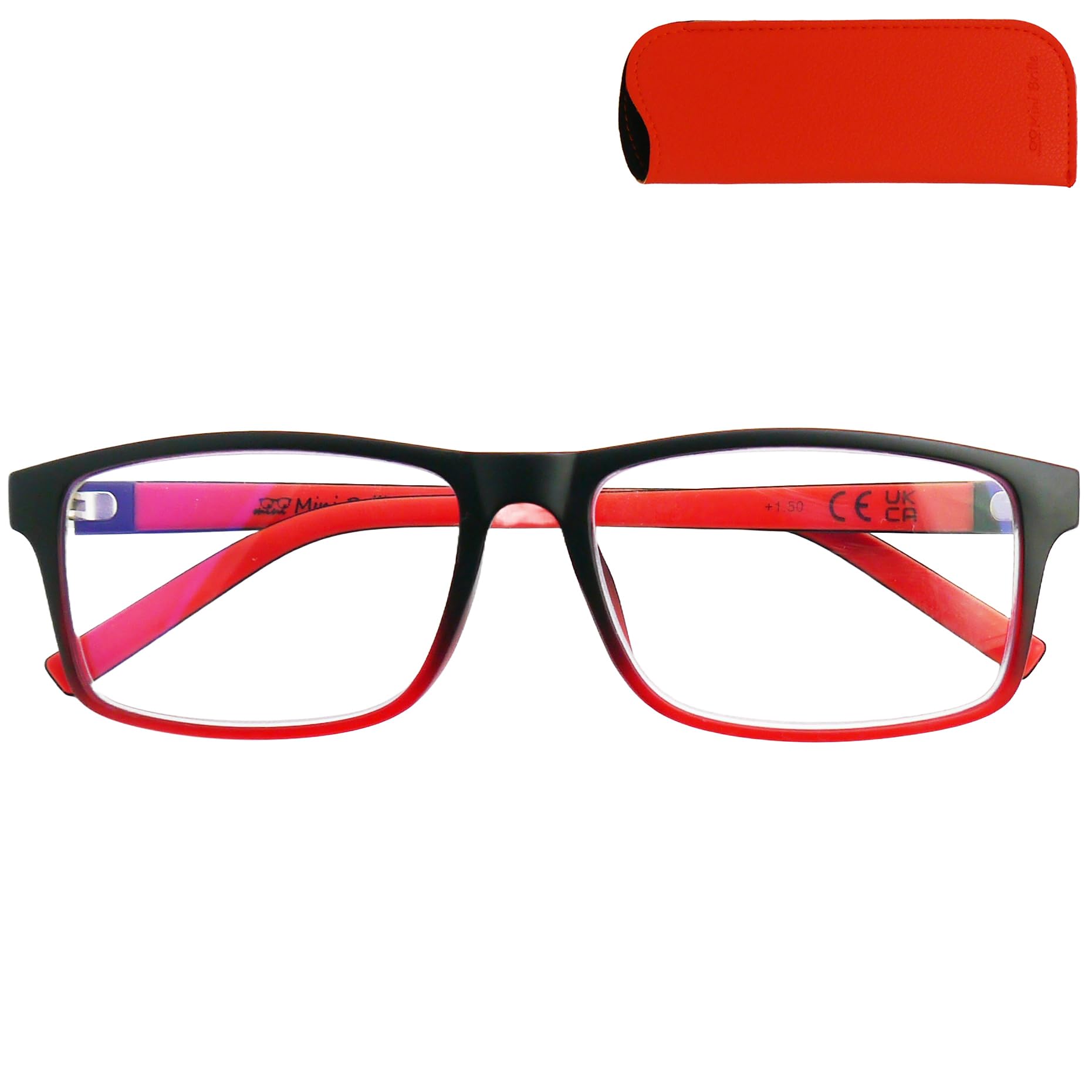 Mini Brille - Flex Gaming Glasses with Blue Light Blocking and NO Magnification, Rectangle Lens, Case, Lightweight Frame Black with Red Accent, Women Men Glasses with Anti Blue Light Filter