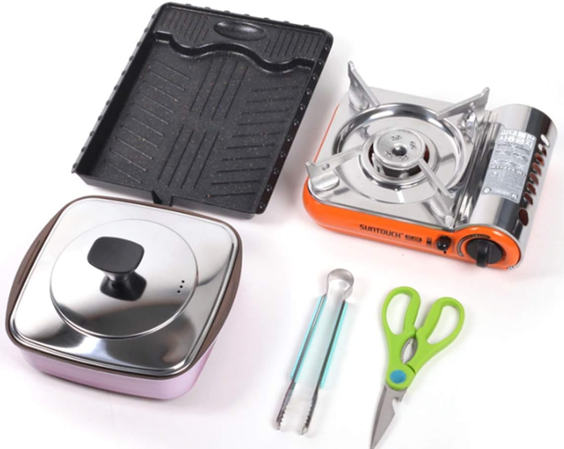 Wishliving - Korean barbecue 6 pcs burner set with cookware, Portable Gas Stove, Non-Stick Grill Pan, Pot with Nonstick Ceramic and Titanium Coating, kitchen scissor, tongs, with case