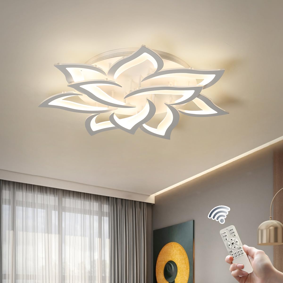 Photo 1 of Garwarm Dimmable LED Ceiling Light, 72W Modern Acrylic Flush Mount Ceiling Lamp with Remote Control Metal Flower Shape Chandelier Lighting Fixture for Living Room Bedroom Kitchen