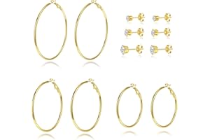 YATOJUZI Silver Hoop Earrings for Women Sets and Tiny Cartilage Cubic Zirconia 6 Prong Stud Earrings Stainless Steel Hypoallergenic Multipack Big Large Hoops Plated Jewelry for Men Women Girls