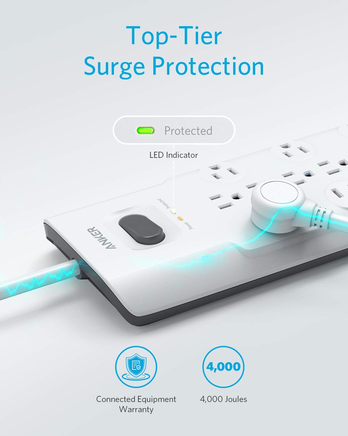 Anker Power Strip Surge Protector, 12 Outlets & 3 USB Ports with Flat Plug, PowerPort Strip With 6ft Extension Cord, PowerIQ for iPhone XS/XS Max/XR/X, Galaxy, for Home, Office, and More (4000 Joules): Electronics