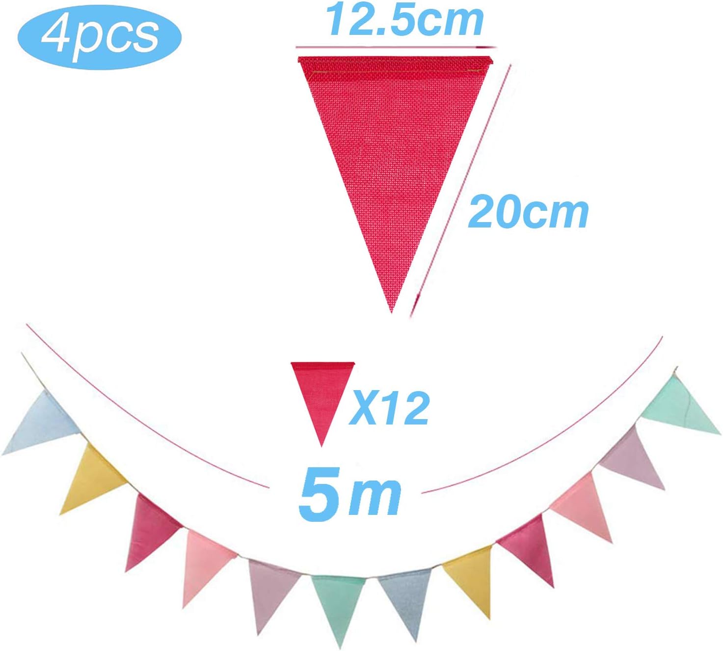 4 X Guirlandes De Banniere Decoration Pour Fete Anniversaire Mariage En Plein Air 5m Chaque Guirlande Cadeau 18pcs Pastel Ballon Hook Fanion Drapeaux De Tissu Triangle Multicolore En Toile De Jute Decorations De