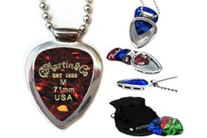 PickBay Guitar Pick Holder Pendant Necklace Stainless Steel w MARTIN guitar picks & Bigger Ball Chain Necklace & Pick Set (Authentic)