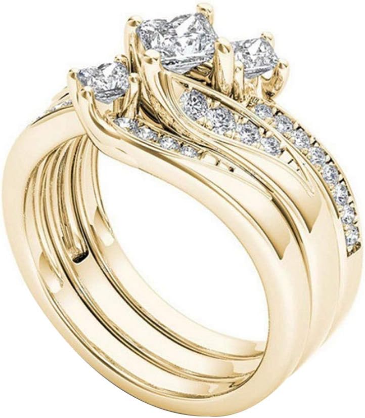 Shentesel Exquisite Luxury Women Rhinestone Inlaid 3 Layer Ring Wedding Engagement Jewelry Gift - Yellow Golden US 10