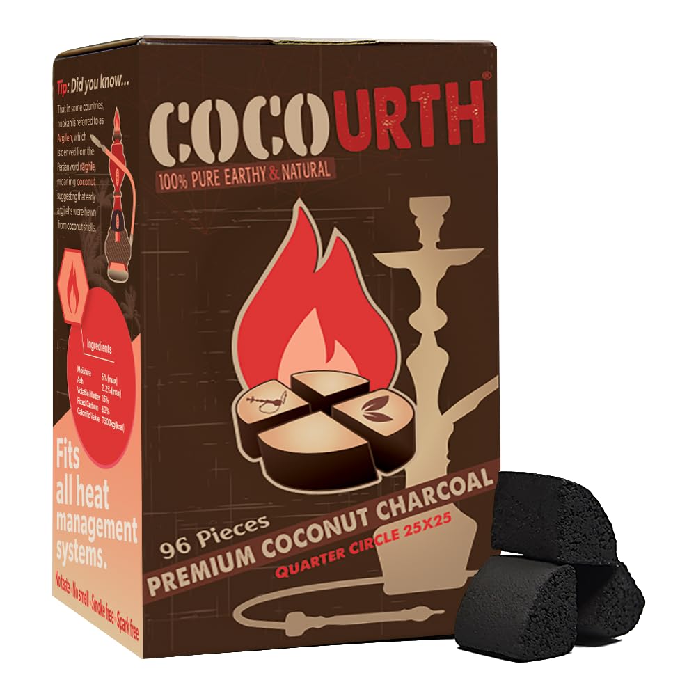 Photo 1 of CocoUrth Natural Hookah Coconut Shell Charcoal Quarter Circle 25x25 96 PCS Electric Burner Briquettes Used Also for Cooking, Grilling, Barbecuing, Incense Narguile Coal (1kg)