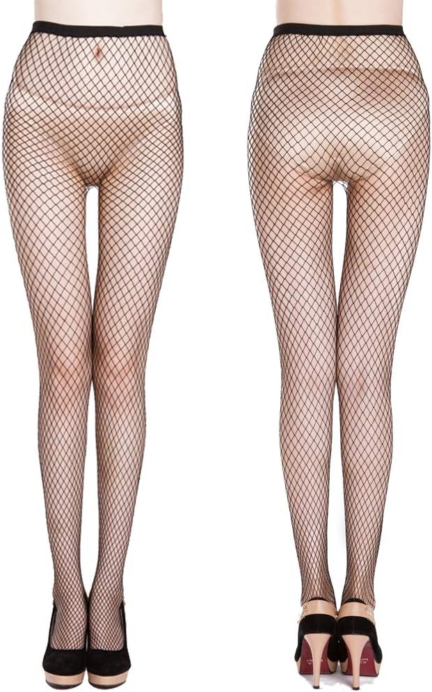 PUTON 2 Pack Women's Fishnet Thigh High Stockings with Silicone Lace Top