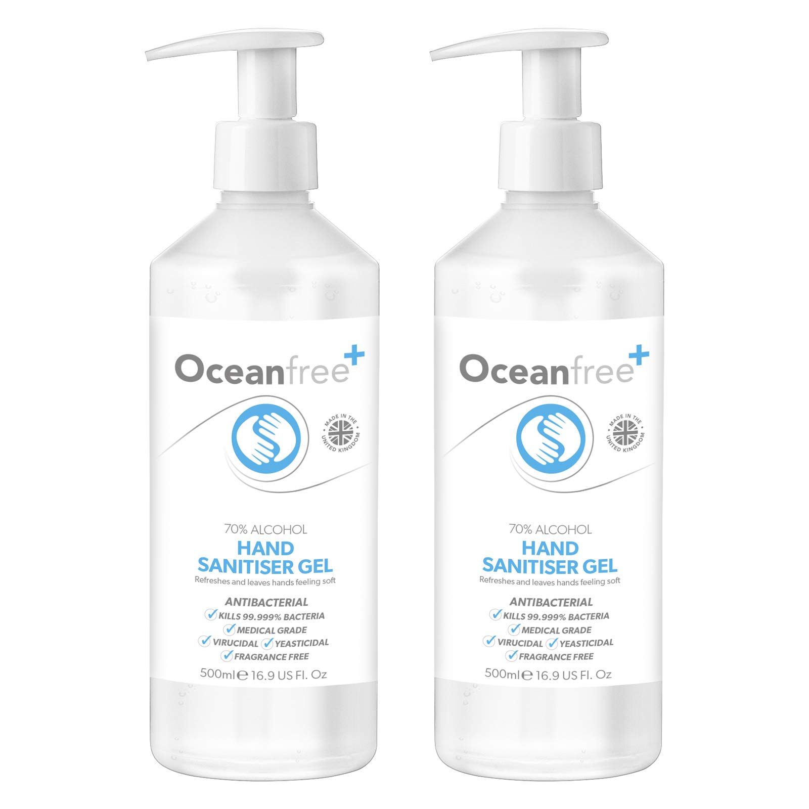 70% Alcohol Hand Sanitiser Gel - 2x 500ml Pump Bottle - Certified Surgical/Medical Grade - Made in the UK (Pack of 2)