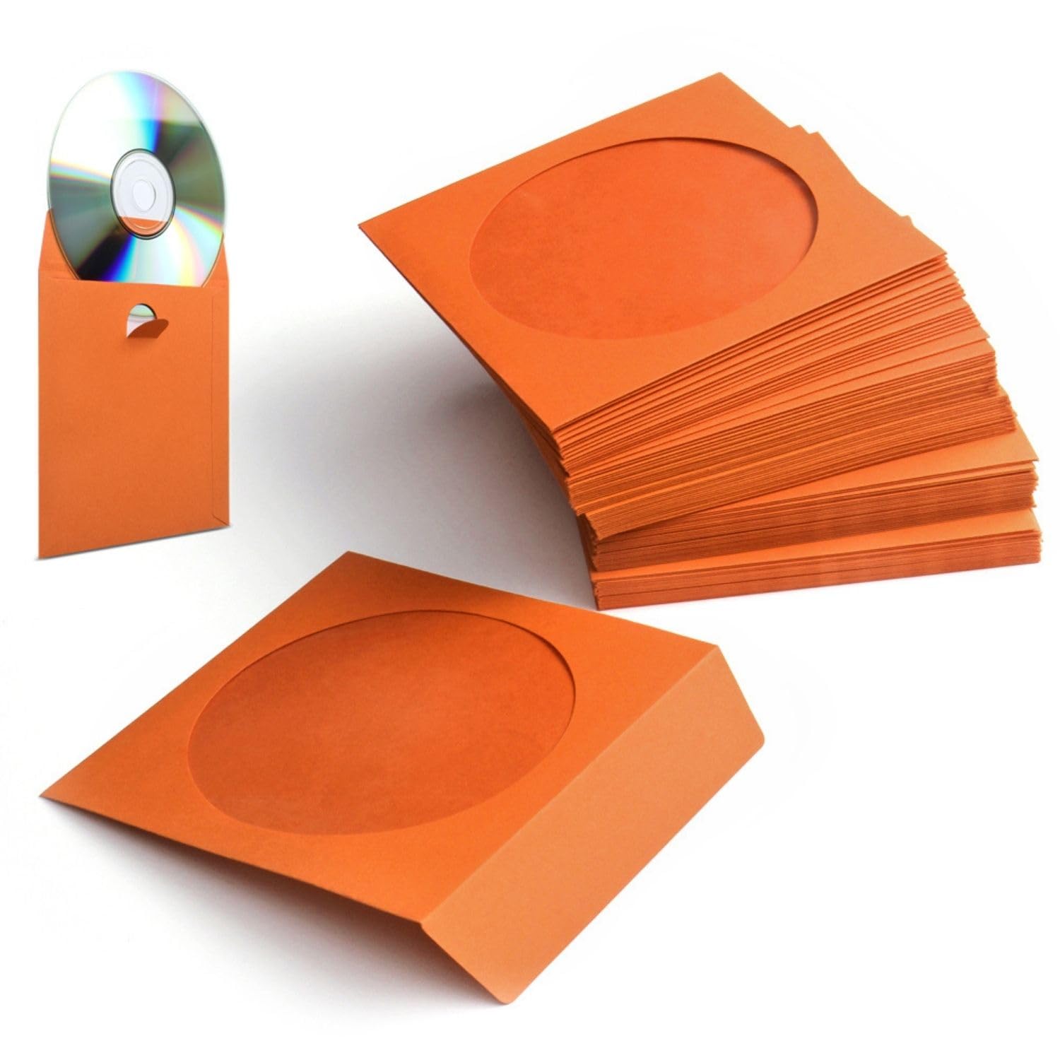 Flexzion DVD CD Sleeves 100 Pack - Premium Paper CD Sleeves for Blank CDs for Burning Music Movie Video Game Disc - Thick Disc Sleeve CD Envelopes Storage with Window Cutout and Flap, Orange — image 1
