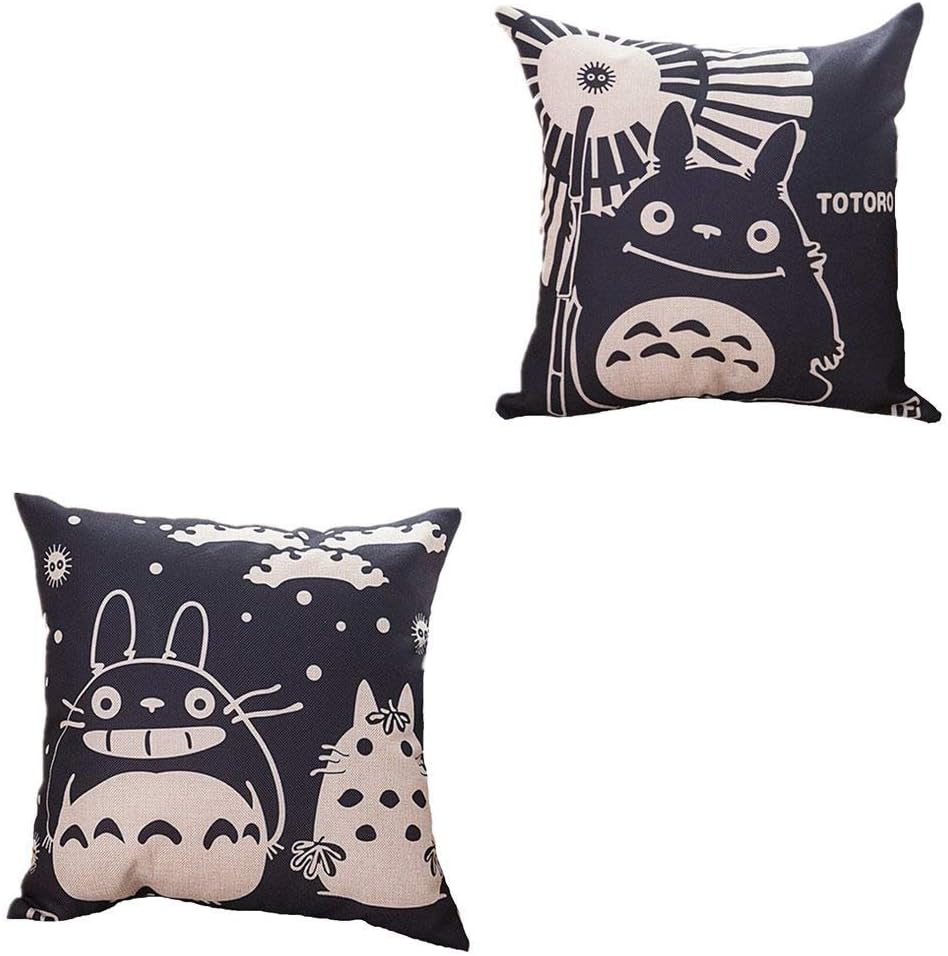 Thedmhom 2 Pcs Cute Kawaii Big Belly Cat Animal Cartoon Anime Totoro Linen Pillow Case Chair Seat Back Cushion Cover Throw Pillow Covers Car Deco Couch Square Pillowslip Home Bed Sofa Decor
