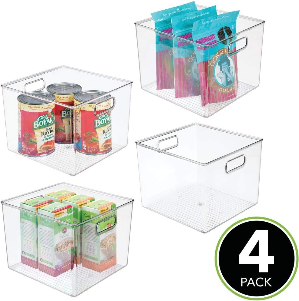 Amazon Com Mdesign Plastic Food Storage Container Bin With Handles For Kitchen Pantry Cabinet Fridge Freezer Large Organizer For Snacks Produce Vegetables Pasta Bpa Free 10 Square 4 Pack Clear