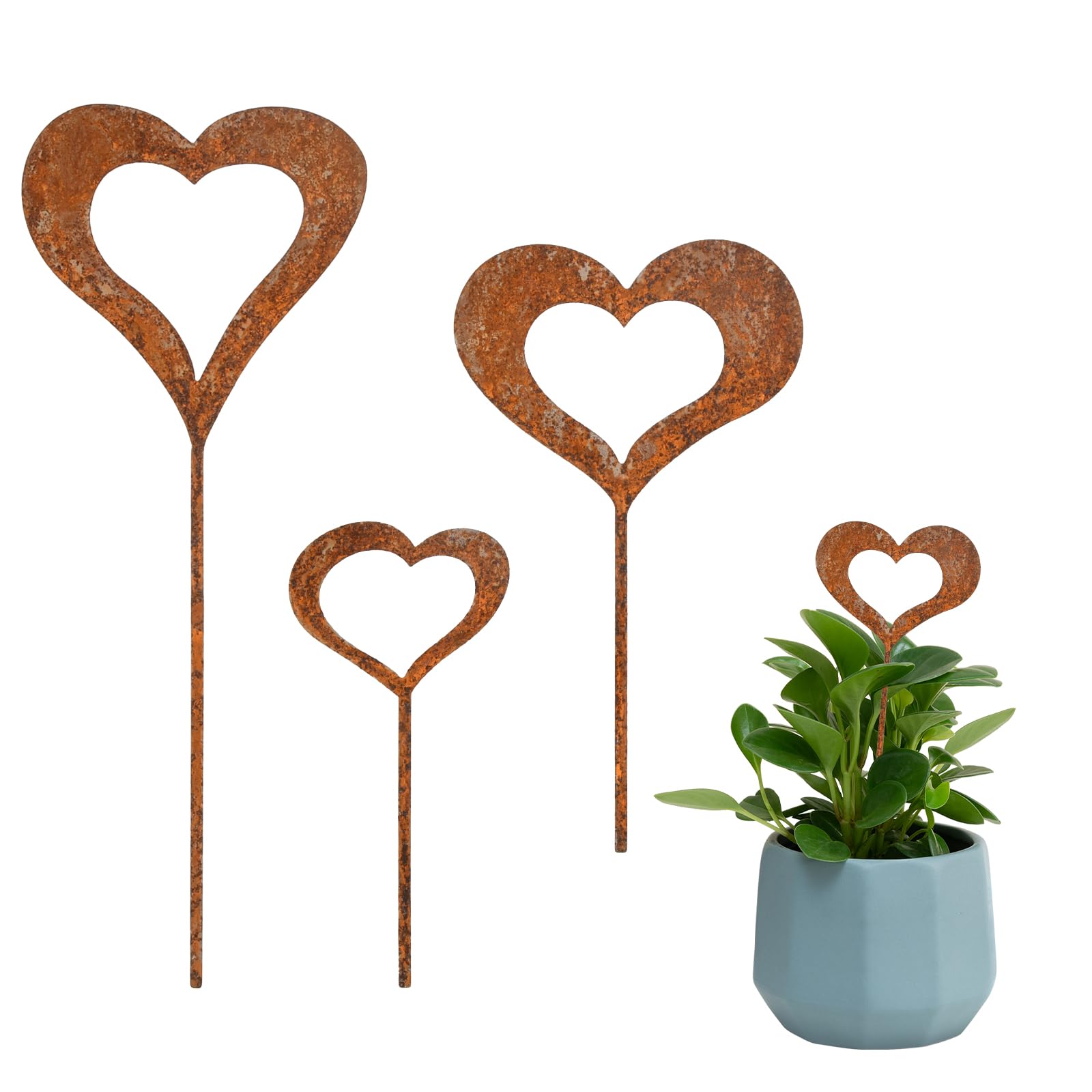Dibotell Pack of 3 Heart Stakes, Garden Decoration, Rust Decoration, Metal Rust Garden Stakes, Patina for Garden, Patio, Balcony