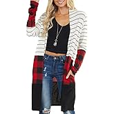Dressmine Womens Long Cardigan Open Front Buffalo Plaid Shirt Knitted Coat Outwear Maxi Sweater Trendy 2025 Tops