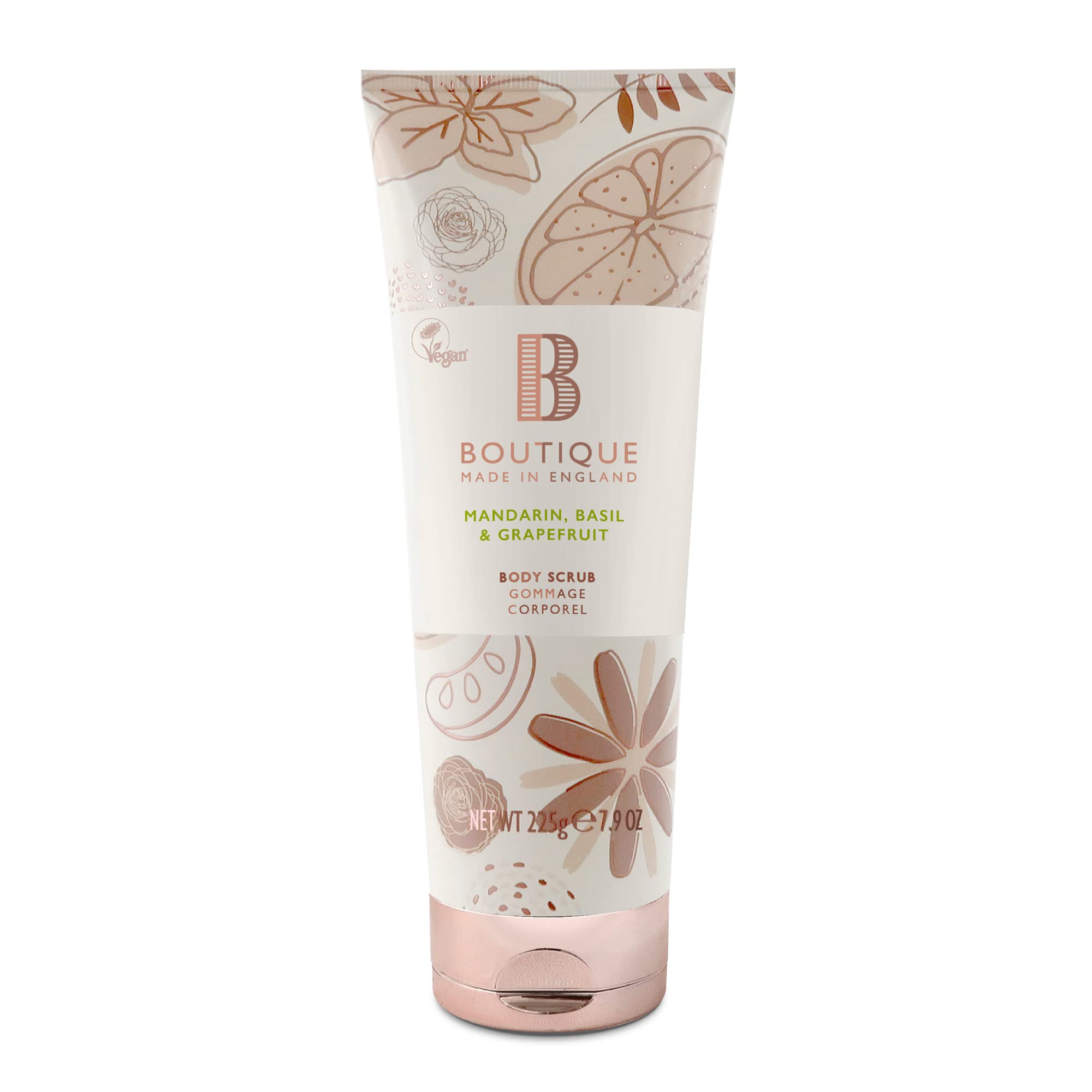 Boutique Mandarin, Basil & Grapefruit Fragrance Body Scrub, 225ml, Exfoliating Body Scrub Refreshing - Essential Oils - Vegan and Cruelty Free, No SLS or Parabens - Made In England
