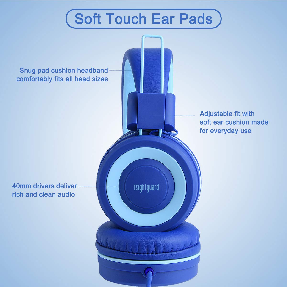 Kids Headphones,Isightguard Wired Headphones Kids, Adjustable Headband,Foldable Headsets, Tangle-Free Wires, 3.5mm Audio Cable, 85dB Volume Limited,Childrens Headphones on Ear (Blue)