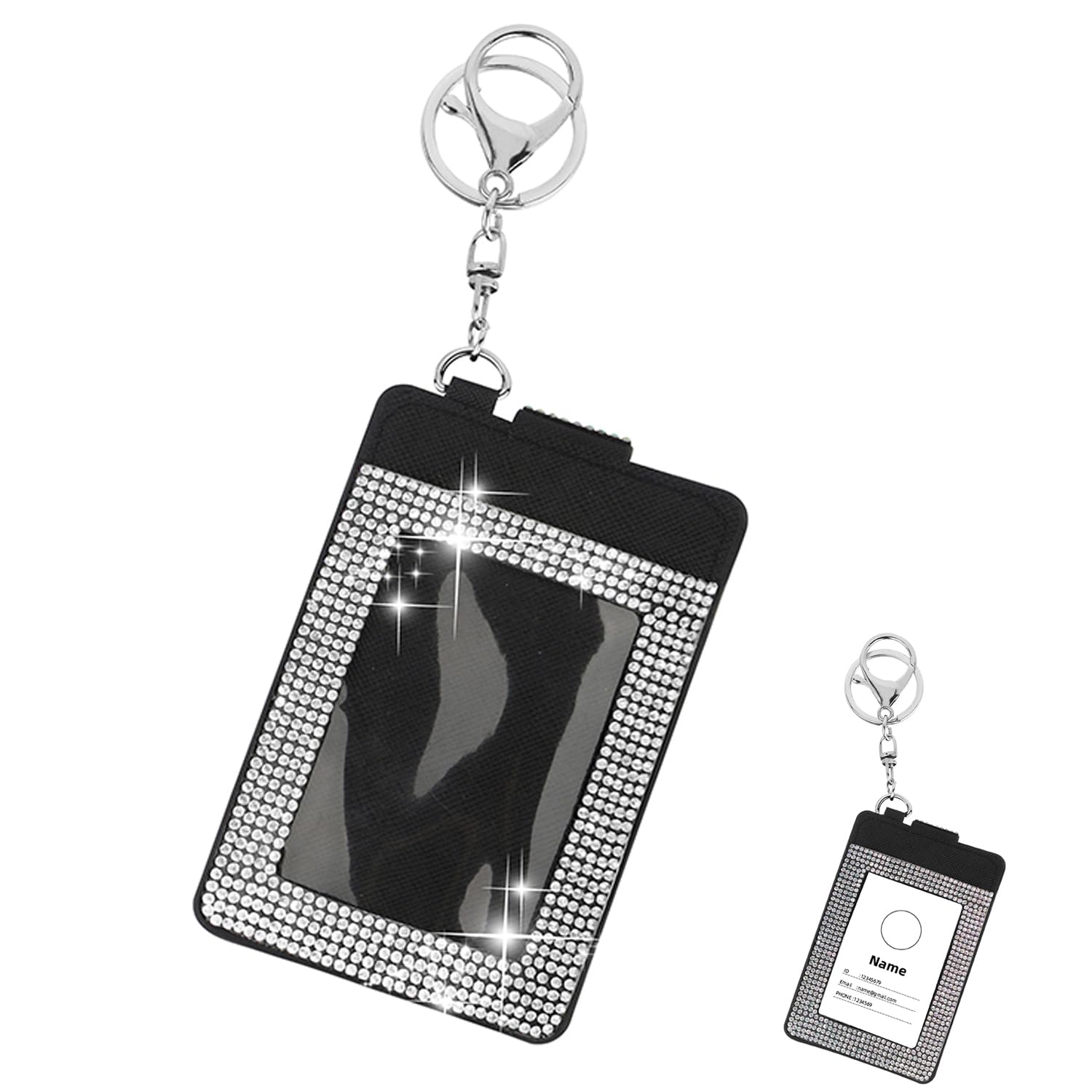 Bling ID Badge Holder with Keychain, Bling Rhinestones Crystal Badge Clip Key Chain Holder, PU Card Holder with Clear Window, Key Ring, Metal Clip for Office, Name Card, ID Card.