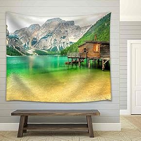 Braies Lake in Dolomiti Mountains on a Cloudy Day,Trentino Alto Adige,Italy - Fabric Wall Tapestry Home Decor - 51x60 inches