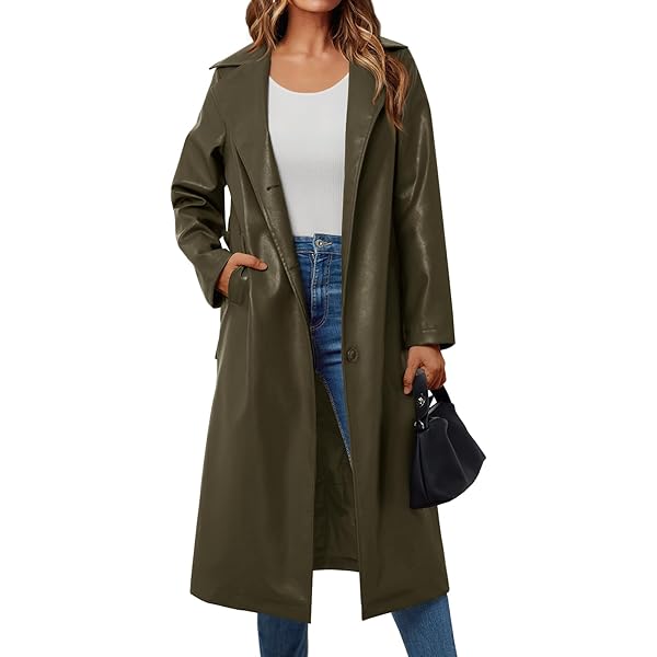Sexyshine Women's Faux Leather Trench Coat Notched Lapel PU