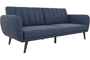 Novogratz Brittany Sofa Futon, Premium Linen Upholstery and Wooden Legs, Blue Linen