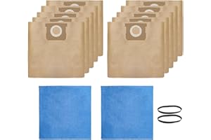 WHI-GN 10 Pack 19-3100 Shop Vac Bags for Stanley 5-6 Gallon Wet/Dry Vacuums, Also fit Porter-Cable 5 Gal Vacs + 2 Pack 19-1500 Reusable Blue Cloth Filters(10+2) Kit