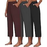 Kivdol 3 PACK Womens Capri Pants Loose Yoga Pants Wide Leg Drawstring Comfy Lounge Pajama Capris Loose Sweatpants with Pocket