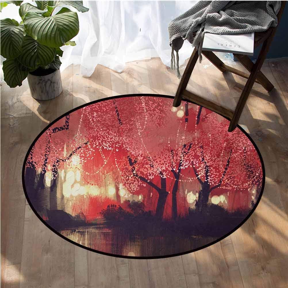 Nature Area Rug Modern Indoor Rugs Extra Soft and Comfy Carpet Round 5ft Diameter Enchanted Mist Forest with Shady Autumn Trees at Night Magical Paint Artwork