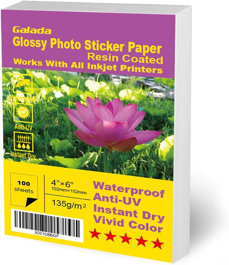Galada Photo Paper 100 Sheets 4x6 Photo Paper High Glossy Sticker Vivid Color Waterproof Photographic Paper Works with All Inkjet Printers (4x6 Glossy Sticker Paper)
