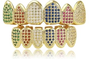 IUODEN Hip-Hop Tooth Grillz Set, Gold Plated Gold Finish 8 Top Teeth 8 Bottom Tooth Hip Hop Mouth Grills Removable Top and Bottom Grills for Men Women - Vampire Teeth Dental Grill for Rappers, Performers