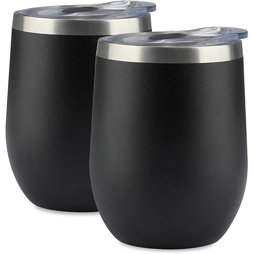 Jearey Stemless Wine Glass Tumbler 12 oz Stainless Steel Double Wall Vacuum Insulated Wine Cup with Lid Travel Friendly (2 Pack, Black)