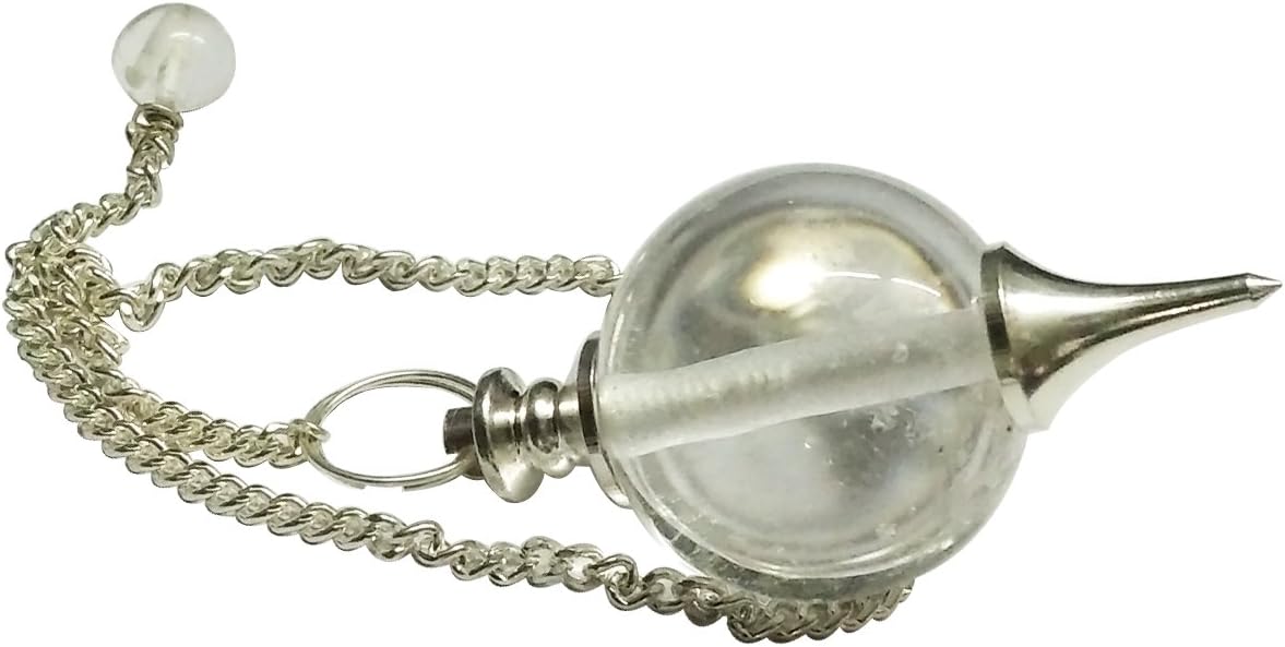 crystal pendulum With Chain for Scrying Healing Dowser / Crystal Quartz Dowser With Metal Tip Pendent/ Crystal Quartz Gemstone BallBy Mangalam House