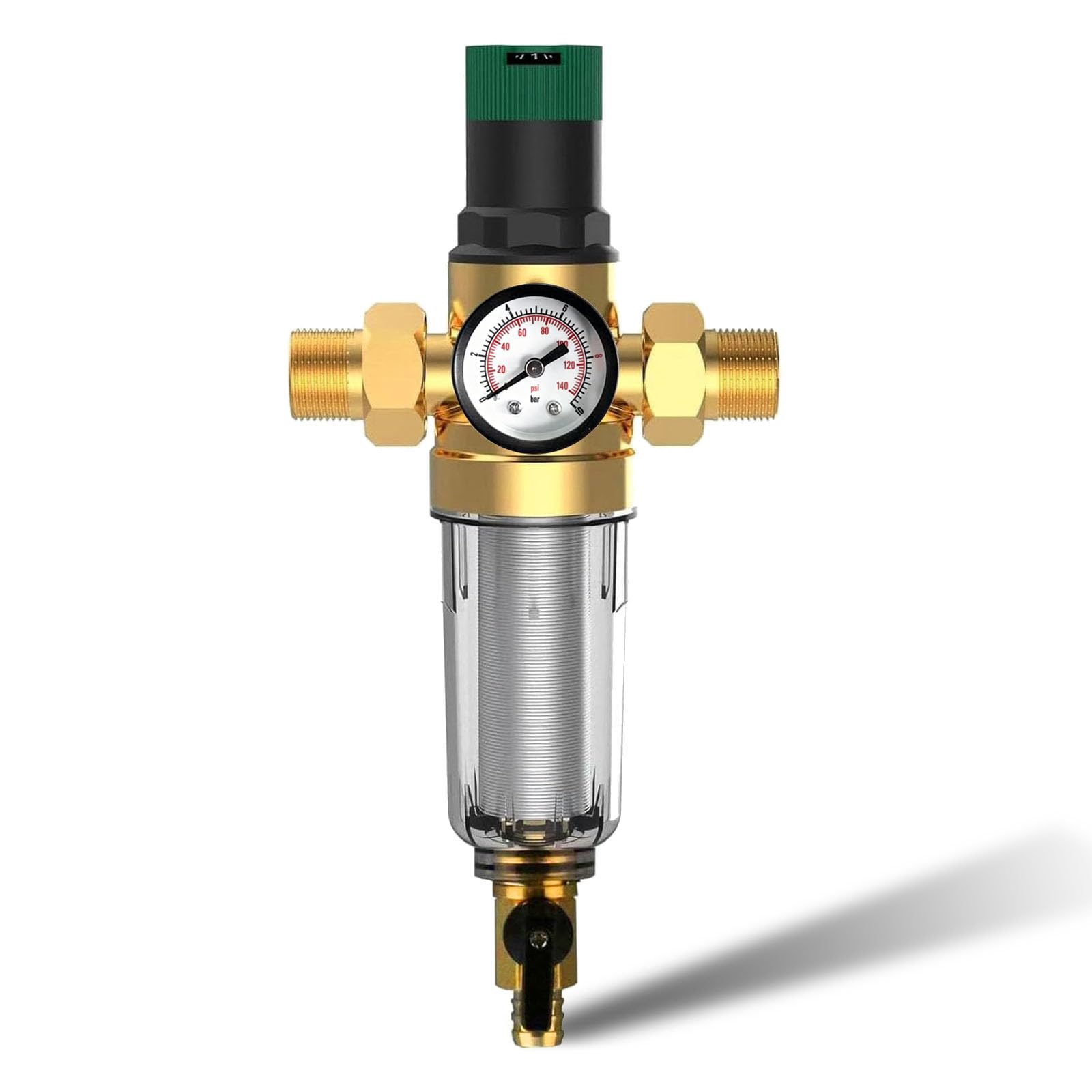 Water Filter with Pressure Reducer and Pressure Gauge, Water Filter 3/4 inch House Connection Reusable Pressure Reducer Water Filter Pre-filter Sediment Filter Water Pressure Reducer Brass
