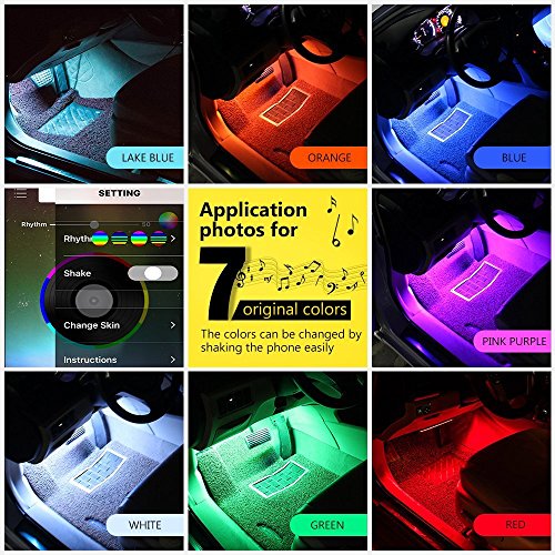 Car LED Strip Lights, ONEKA 4pcs 48 LED Bluetooth APP Control Atmosphere Interior Lights Multicolor Music Car Led Light Strips Under Dash Lighting Kit For DIY Car Indoor Party (Car Cigarette port)