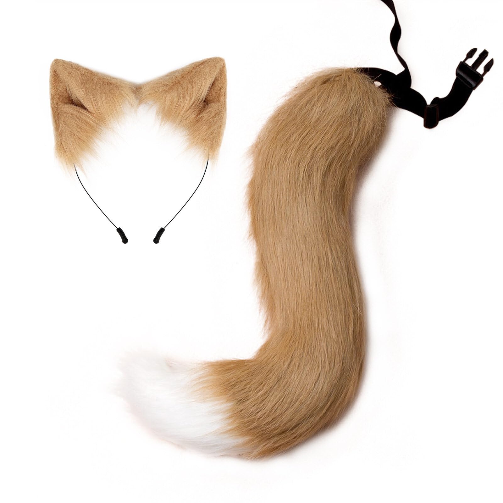 Tail and Ears Set Long Fox Tail Cosplay Faux Fur Furry Fox Wolf Tail Kit with Ears for Anime Fancy Dress Party Halloween Christmas Dress Up Carnival Role Play