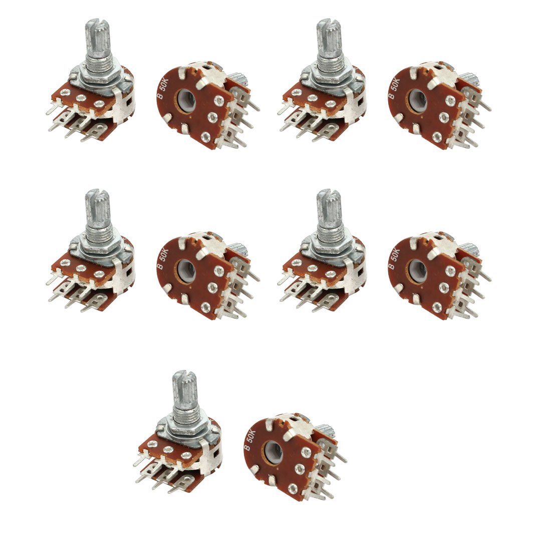 Sourcingmap 10 Pcs 50K ohm 6 Terminal Split Shaft Rotary Linear Dual Taper Potentiometer