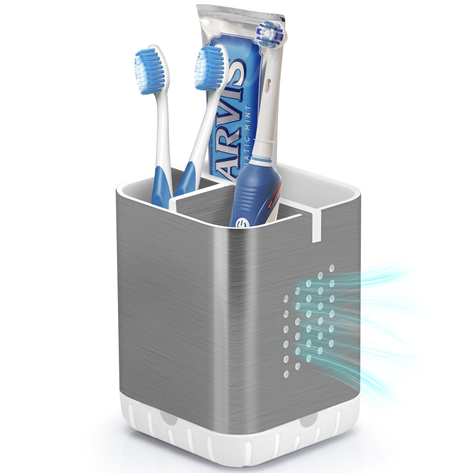 Photo 1 of Boperzi Toothbrush Holder Toothpaste Organizer Drainage for Bathroom Vanity, Detachable Anti-Slip Brushed Nickel Toothpaste Storage Caddy 3 Slots with Drainage Holes for Makeup Brush Razor Stand