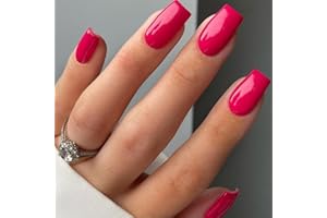 Gel Nail Polish Press on Nails Short, Handmade Hot Pink Fake Nails Medium Square Shape UV Jelly Finish Glue on Nails for Women Acrylic False Nail Kits Stick on nails Reusable Full Cover by GLAMERMAID,