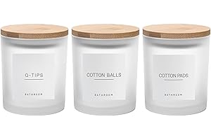 Ezebesta 3PCS Modern 400ml Transparent Bathroom Canisters with 12 Labels & Wooden Lid Thick Glass Jar Set Qtip Holder for Cot
