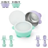 PandaEar Stainless Steel Baby Bowls with Suction, Toddler Self Feeding Set | 6-Piece Stainless Steel Baby Bowls with Suction, Lids, Spoons &amp; Forks - Teal &amp; Purple for Easy Self-Feeding