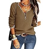 Hongqizo Women's V Neck Long Sleeve Sweater Half Zipper Knit Sweater Casual Cricket Stripe Jumper Pullover Knit Tops