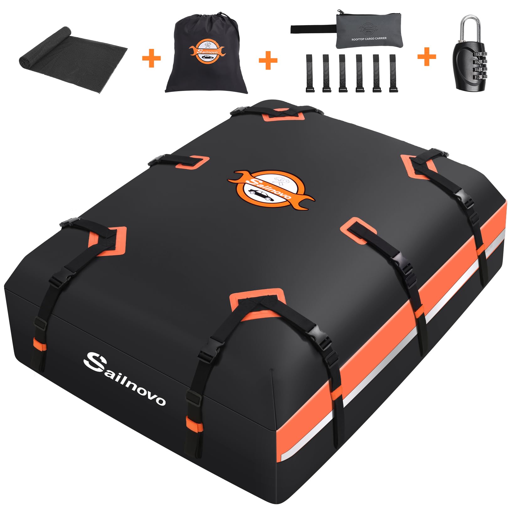 Photo 1 of Sailnovo Car Rooftop Cargo Carrier 21 Cubic Feet, Waterproof 1000D PVC Car Roof Bag with Anti-Slip Mat, Combination Lock, Storage Bag, Door Hooks & Tie-Down Strap fit Vehicle with/Without Luggage Rack