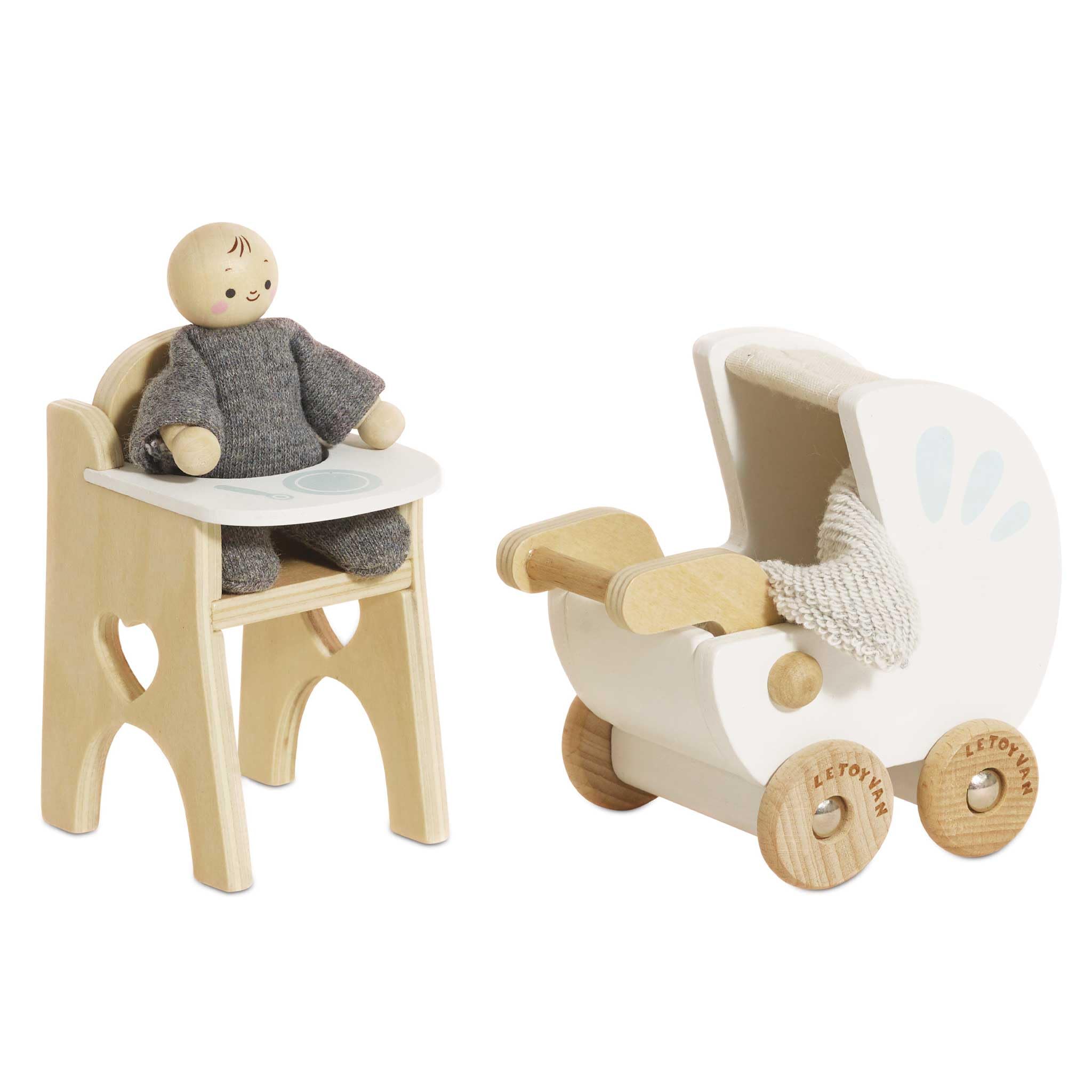 Le Toy Van Wooden Daisylane Nursery Set Doll's House Furniture With Baby, Buggy, Highcair and Accessories