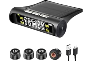 ZEKBIL Tire Pressure Monitoring System, Tire Pressure Monitor with Solar and USB Charge, TPMS with 4 Sensors & 6 Alarm Modes, Real Time Pressure and Temperature Auto Safety Monitor for Truck Rv Trailer Car