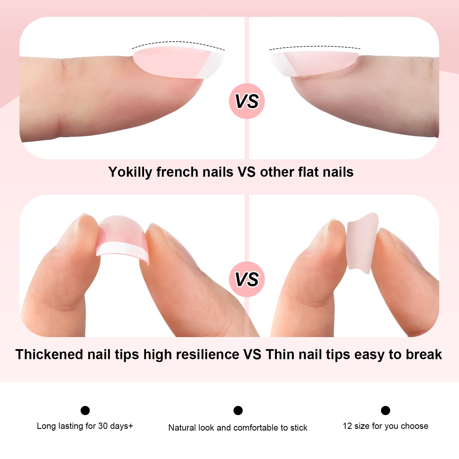 Yokilly Natural French Acrylic False Nails Kit Including 12 Different Size Short Press on False Nails,Pink White Nails Tips Sets with Nail Glue Stickers,Files and Stick (120 Pcs) - Image 2