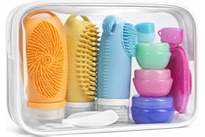 Y&Co 14 Piece Travel Toiletries Set, 3 Silicone Bottles with bristles to brush body/hair with lock feature, 3 Cream Jars and 