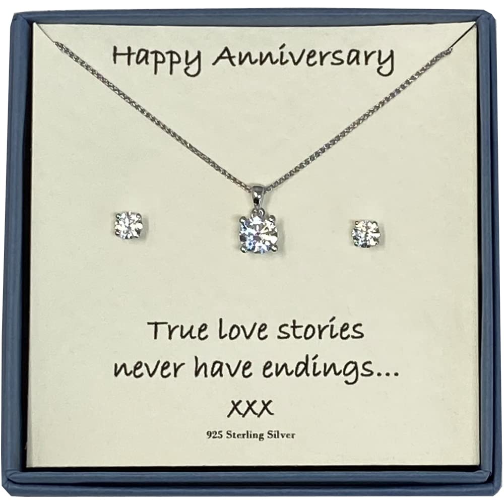 Strictly Gifts Cubic Zirconia Necklace & Earrings with Happy Anniversary Message Card and Gift Box for Wife or Girlfriend