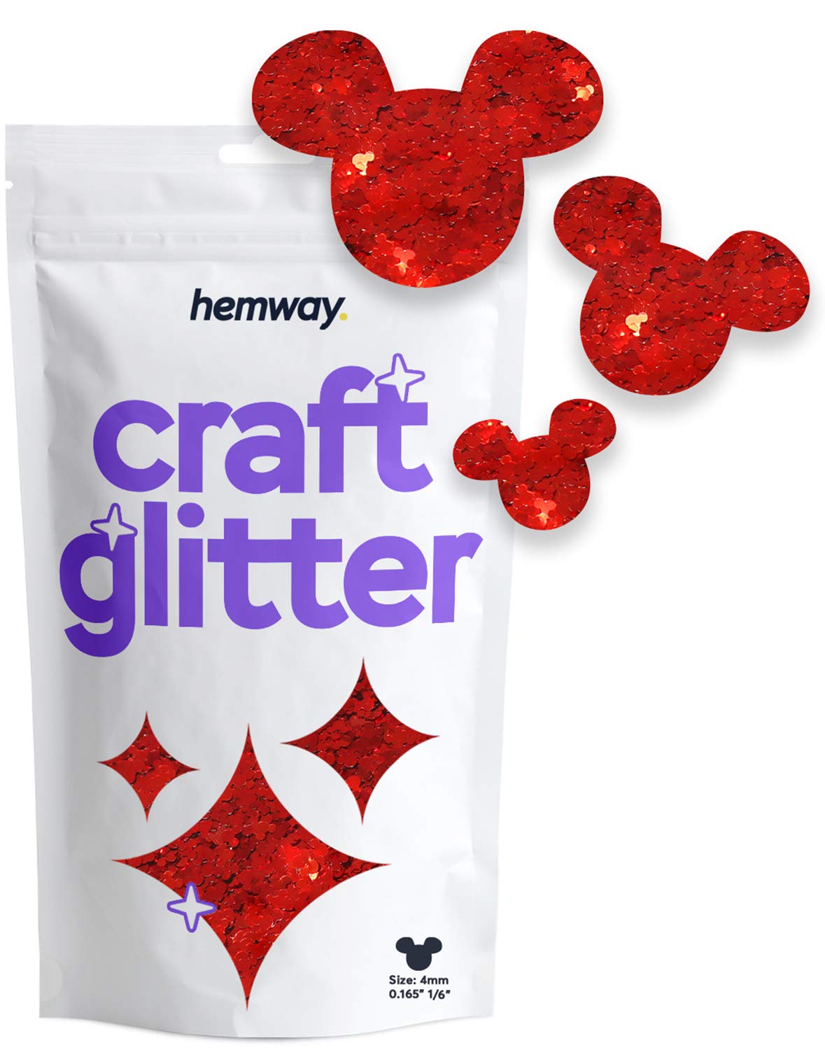 Hemway Craft Glitter Mickey Mouse Shape, 50g, Red | Shaped Glitter for Crafts, Resin, Cosmetic, Nail, Face, Body, Festival, Tumblers, Art, Crafting